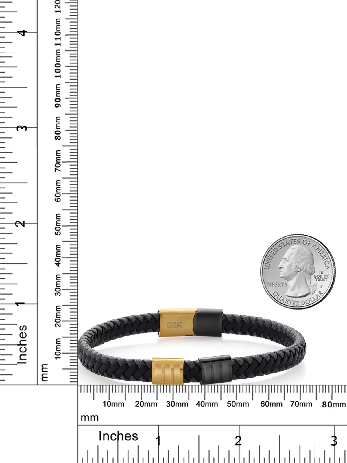 Leather Black King Gem Premium (8.25 Width) Men's Stainless Gold Stone inch, 7.7MM Bracelet Genuine Steel