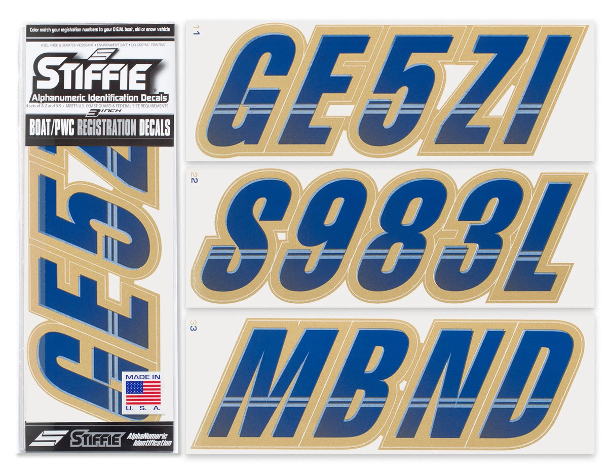 STIFFIE Custom & for Boats Personal Identification Techtron Numbers Marine Alpha-Numeric & Watercraft Kit Registration Letters Decals PWC Navy/Gold Stickers 3"