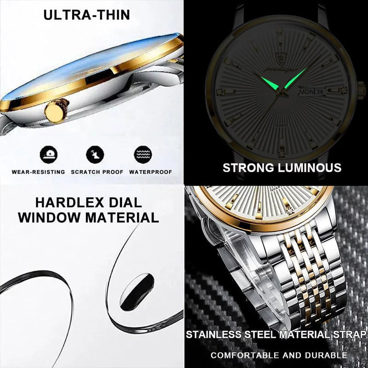 Men's Waterproof Luxury Business POEDAGAR Steel Luminous Thin Clock Date&Week Ultra Quartz Watch Male Stainless Men Gift Watches