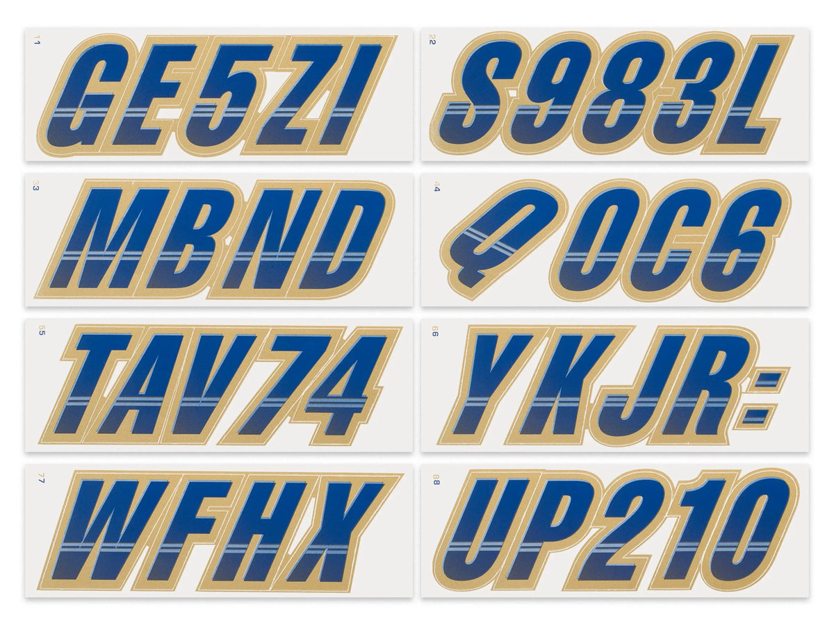 STIFFIE Custom & for Boats Personal Identification Techtron Numbers Marine Alpha-Numeric & Watercraft Kit Registration Letters Decals PWC Navy/Gold Stickers 3"