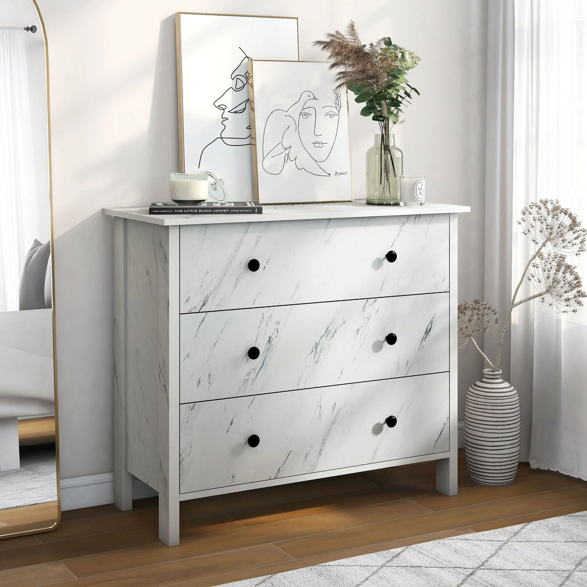 BASIC Denhour Marble Youth White by Wide DH 3-Drawer 34-inch Transitional Neutral Dresser