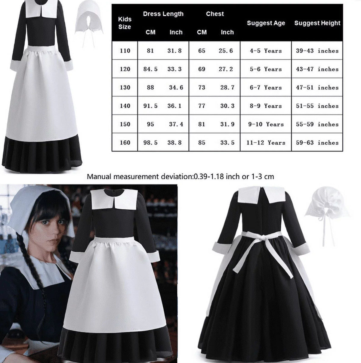 Kids with Wig Series Outfit outfit Sleeve Wednesday Addams Hkiytime outfit Skirt Girls Cosplay Long 2022 Halloween TV Clothes