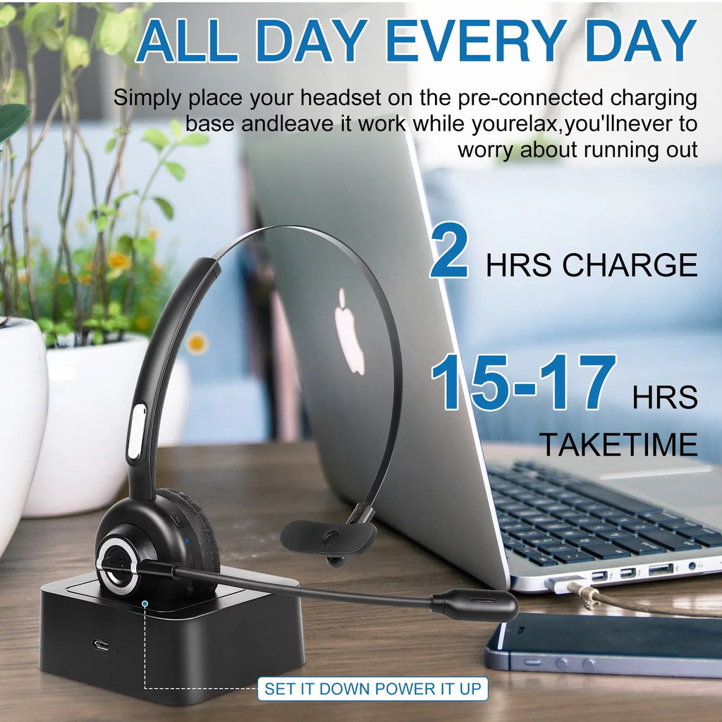 Headset Microphone, for Wireless Wireless Headset Noise Charging G61 Phone Headset, Dock Function Bluetooth with with Mic UX-M97 BLU Comfortable Mute Charging Base With Cell Isolation