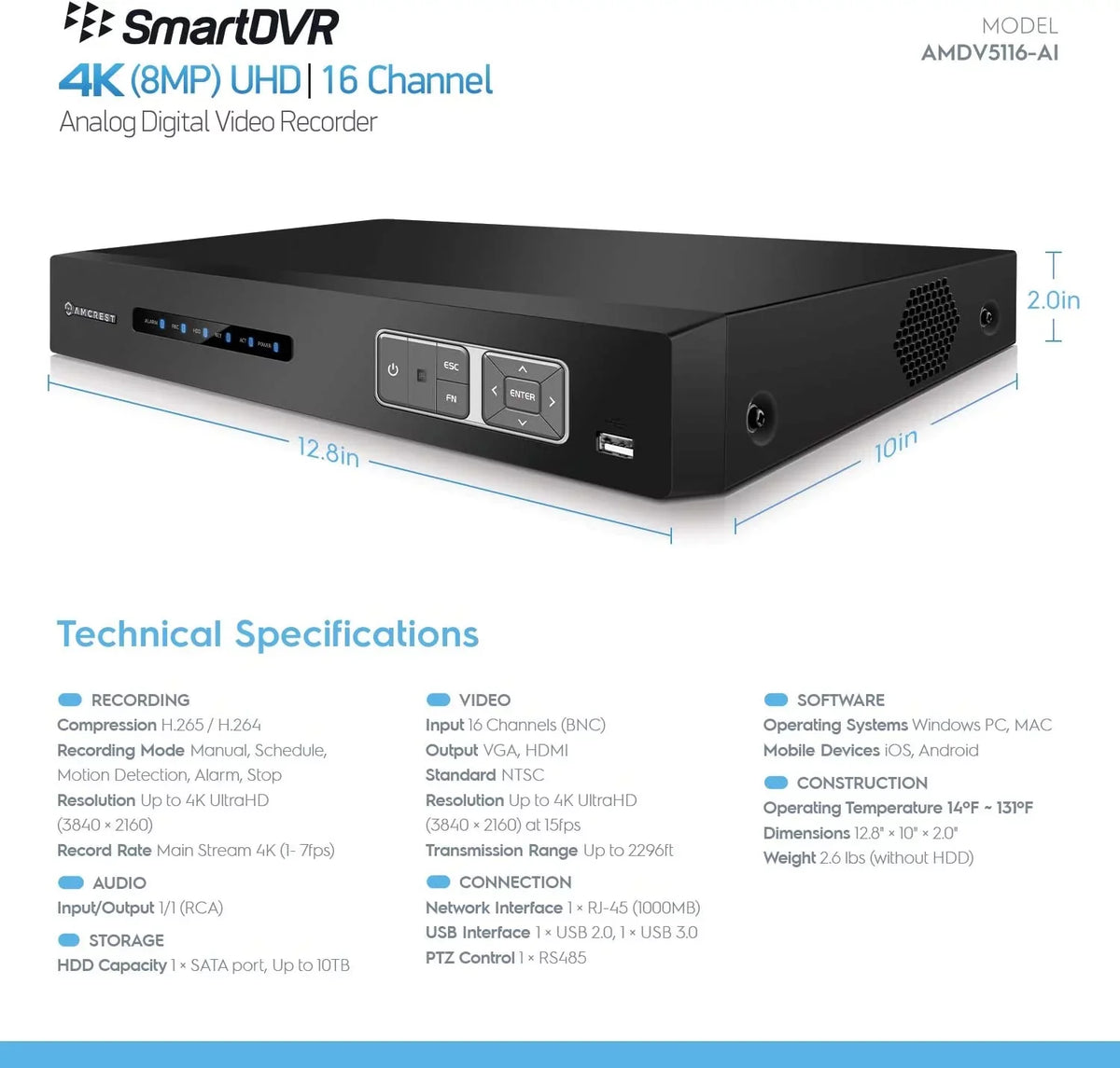 Analog 4K Recognition, IP Cameras, Smart Amcrest Camera DVR & DVR, AI Human Face System Channel Vehicle Security (AMDV5116-I3) for AI Recorder, DVR Detection 16 & AI Amcrest Cameras Security