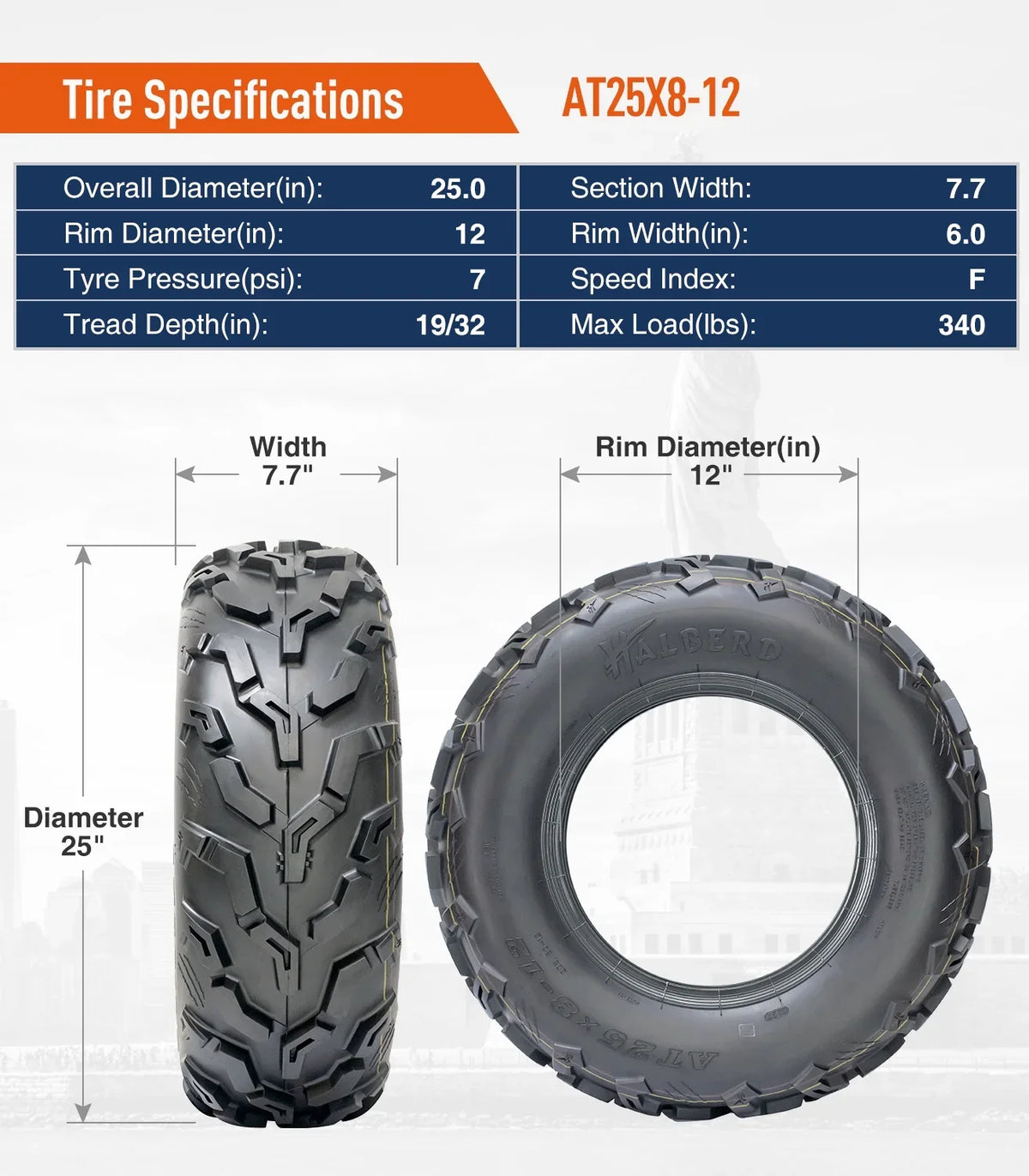 Set of 25x10-12 4 Rear 25x8-12 Front Tire & Road 6PR ATV/UTV off All Terrain Trail Sand Tires HALBERD