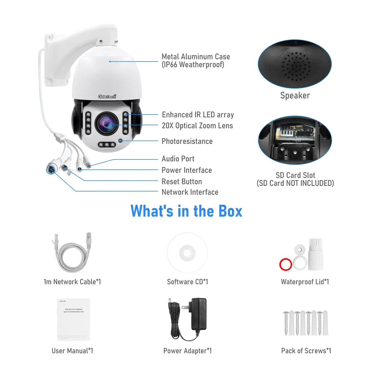 IR Night with and Optical Auto 20X Way Camera PoE JideTech Lights Camera PTZ Rotate Detection Tracking/11 360° Distance/Human Zoom View Waterproof Audio/IP66 Vision/Two exterior,5MP IP 1000ft &