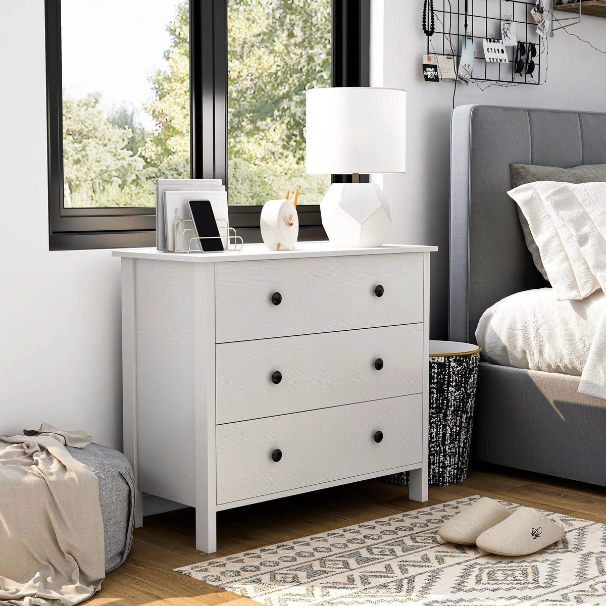 BASIC Denhour Marble Youth White by Wide DH 3-Drawer 34-inch Transitional Neutral Dresser