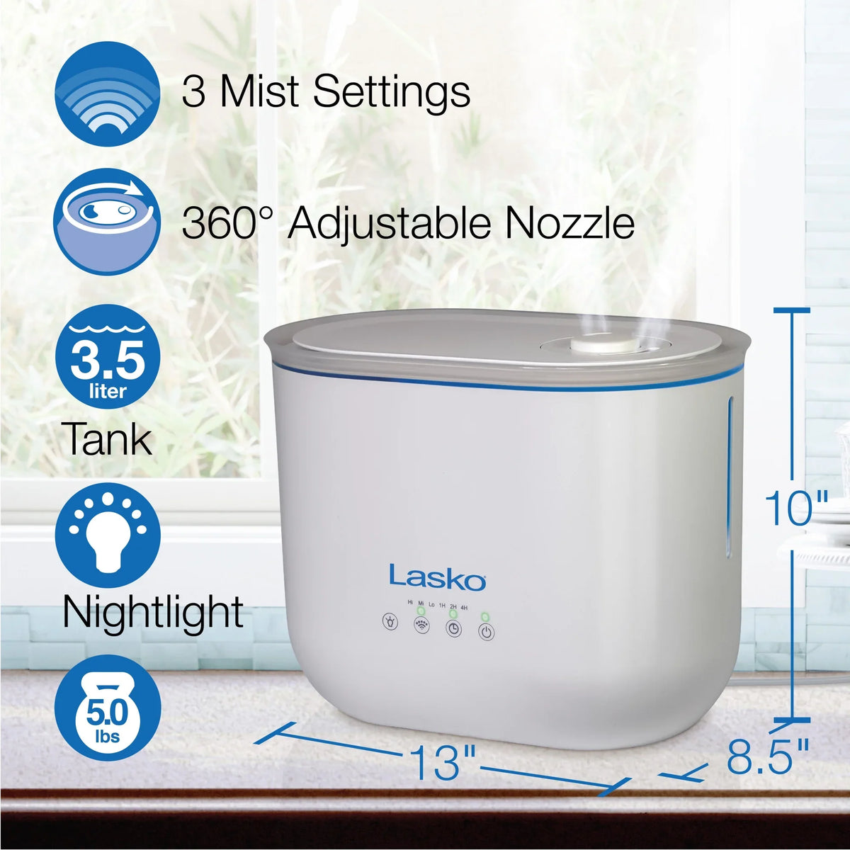 Humidifier Ultrasonic 370 Timer, Mist ft., with Sq. UH250 0.92 Gallon, 18-Hour Lasko Cool