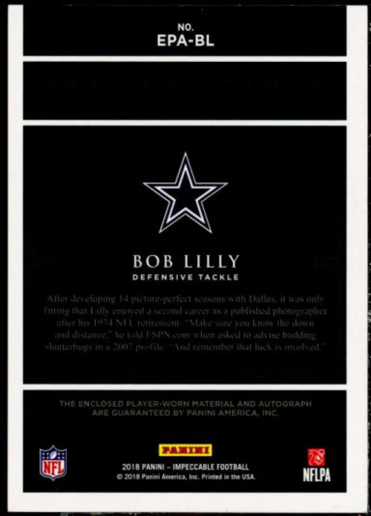 2018 Impeccable Card Extravagance Panini Bob Lilly Autographs Patch #12