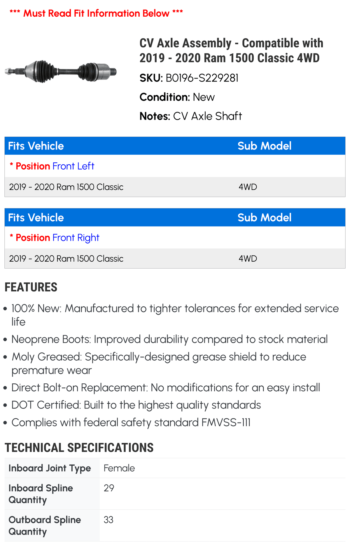 with CV Classic Axle - Ram - 2019 Assembly 2020 Compatible 1500 4WD